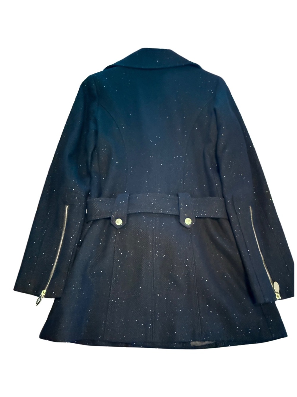 GUESS Black Wool Blend Coat XS Gold Shimmer Sparkle Moto Trench Belted Zip - Picture 13 of 14